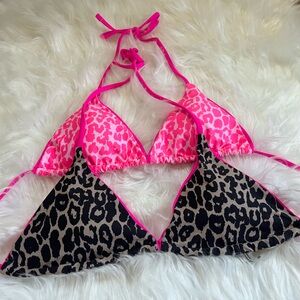 SHEIN Pink Leopard Reversible Triangle Bikini Top